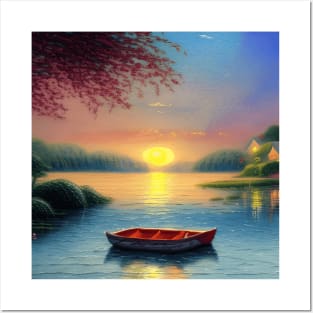 Lakeside Sunset Boat View Posters and Art